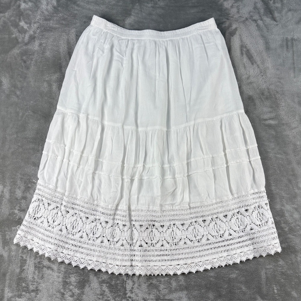 Studio West Skirt Womens S White Crochet Lace Trim Tiered Gauze EUC